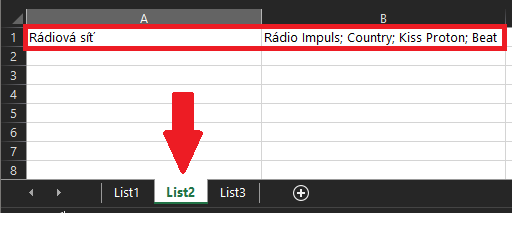 Definice rádiové sítě v Excelu