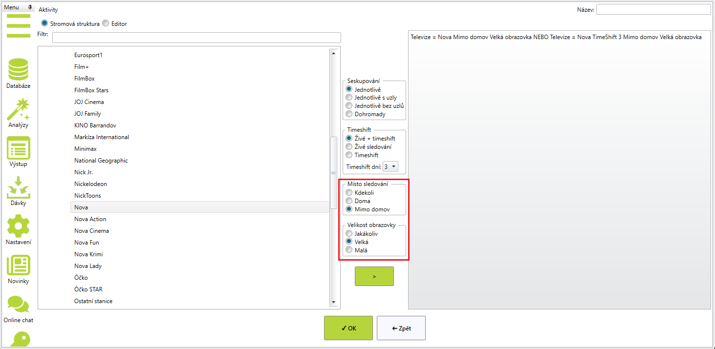 Místo sledování a Velikost obrazovky